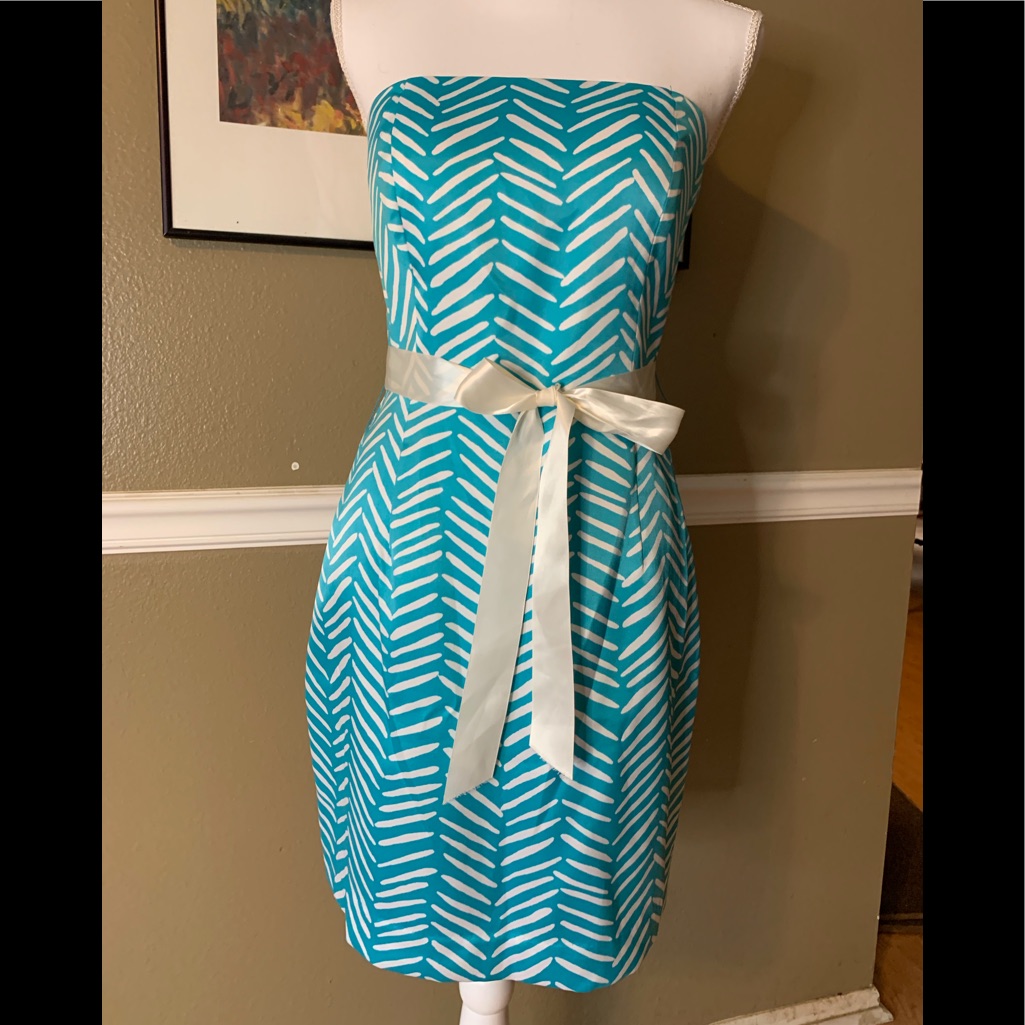 Bcbg Teal & White Strapless Mini Cocktail Dress